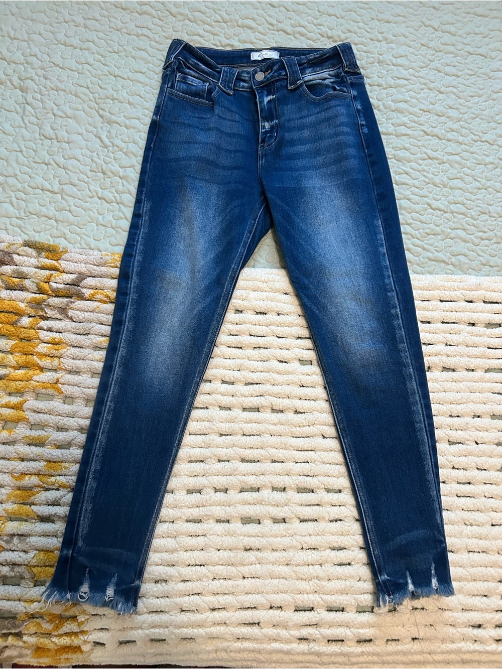 KanCan Dark Blue Skinny Jeans with Frayed Ankles